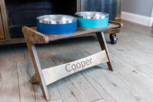 Load image into Gallery viewer, Yeti Mid Century Atomic Style Raised Dog Bowl Stand || Elevated Pet Bowl Feeder || Engraving Optional - Fits RTIC & Hydrapeak