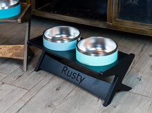 Load image into Gallery viewer, Yeti Mid Century Atomic Style Raised Dog Bowl Stand || Elevated Pet Bowl Feeder || Engraving Optional - Fits RTIC & Hydrapeak