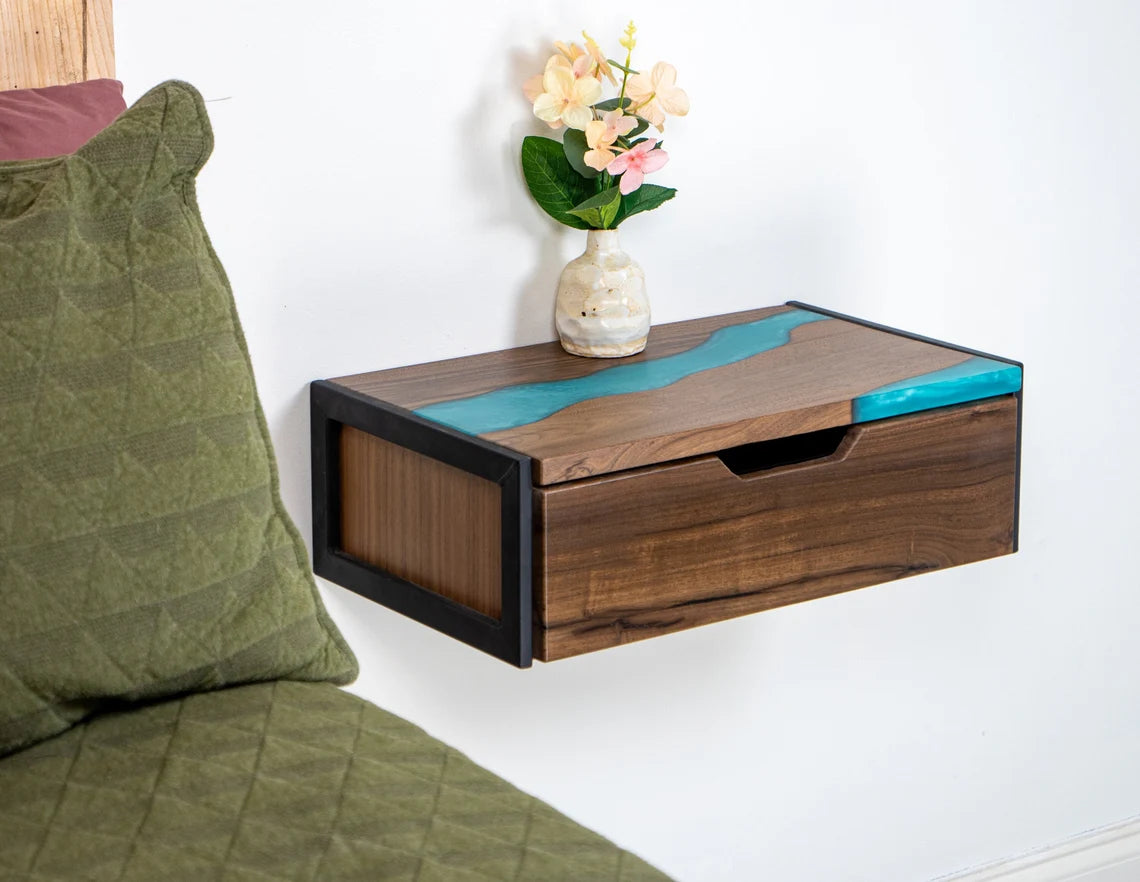 Floating Epoxy Walnut Nightstand with Drawer