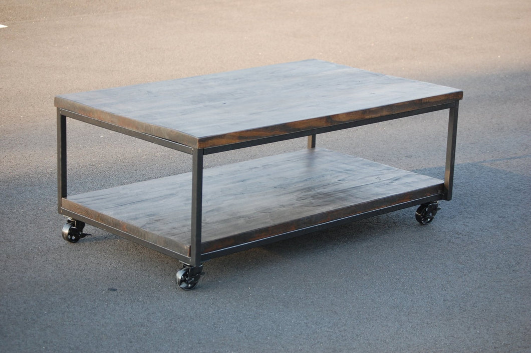 Rustic Industrial Coffee Table with Caster Wheels