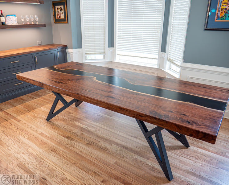 Walnut River Epoxy Dining Table with Custom Steel Base