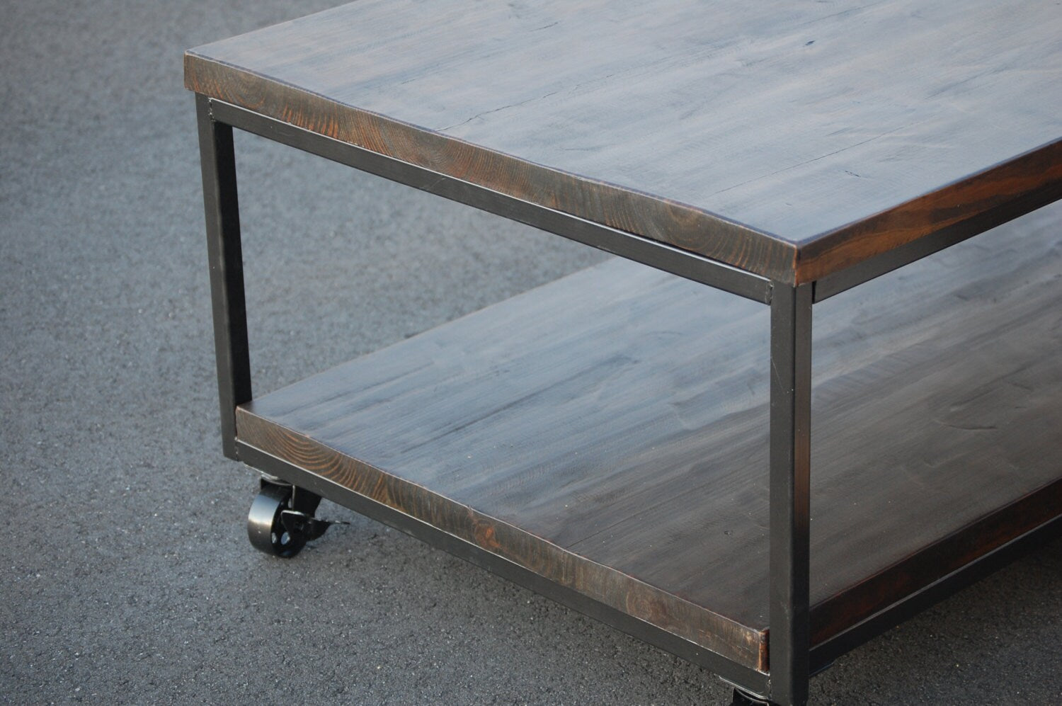 Rustic Industrial Coffee Table with Caster Wheels – Woodland Steelworks, image size:1500x997