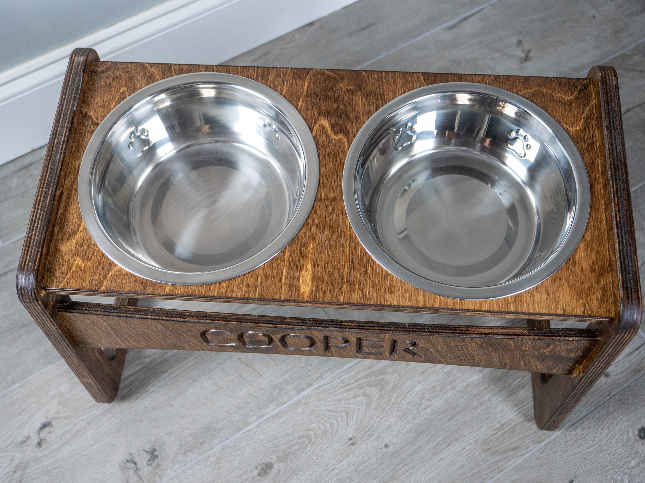 Walnut Mid Century Modern Elevated Dog Bowl Stand With Food Safe Finish and  Stainless Steel Bowls Included 